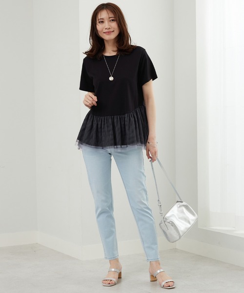 BELLUNA PLUS（ベルーナ）の「チュール素材切替デザインチュニック（Tシャツ/カットソー・レディース・ブラック系/アイボリー系・X-LARGE/LARGE/MEDIUM）」の8枚目の写真