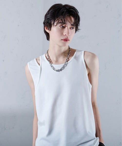 Ellno Loset（エルノロゼット）の「アシメデザインタンク（タンクトップ・メンズ・ブラック/オフホワイト・LARGE/MEDIUM/SMALL）」の2枚目の写真