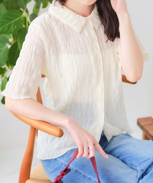 KOBE LETTUCE(コウベレタス)の「シアーシャーリングカラーブラウス(シャツ/ブラウス・レディース・グリーン/ブラック/オフホワイト・M)」の8枚目の写真