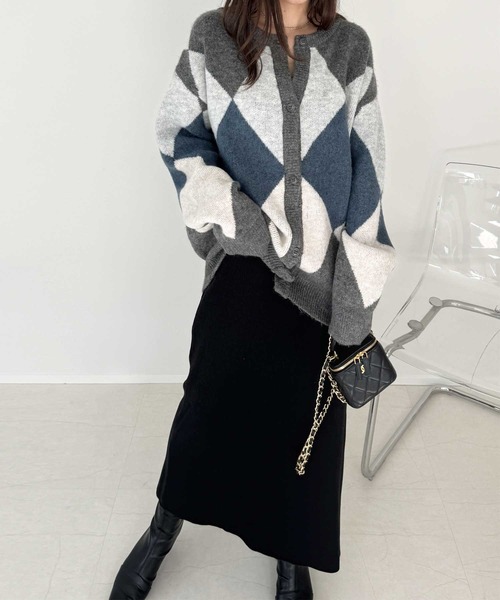moussy シャギーニット　アーガイルカーディガン 柄シャギーニットカーディガン｜WOMEN｜250GAG70-446I｜AZUL BY