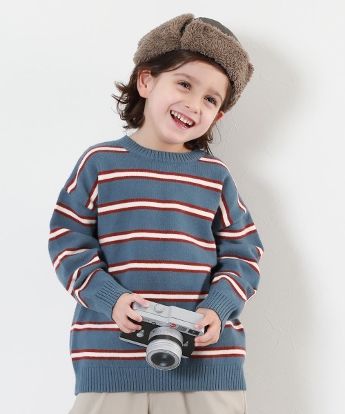 devirock(デビロック)の「洗える チクチクしない素肌ニット マルチボーダープルオーバー(ニット/セーター・キッズ・オフホワイト/ブルー系5/ダークブラウン・100cm/110cm/120cm/130cm/140cm/150cm/160cm)」の1枚目の写真