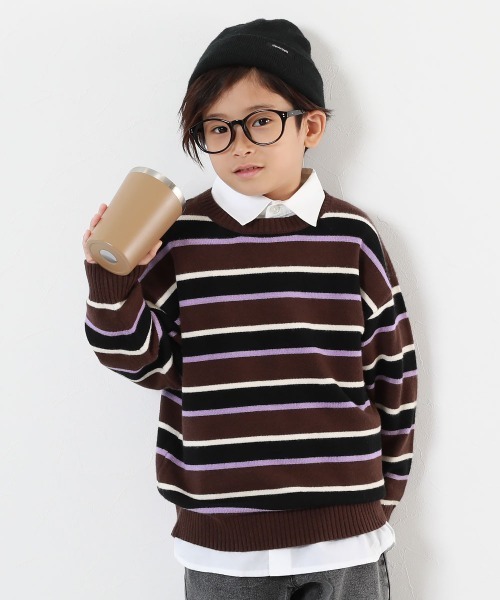 devirock(デビロック)の「洗える チクチクしない素肌ニット マルチボーダープルオーバー(ニット/セーター・キッズ・オフホワイト/ブルー系5/ダークブラウン・100cm/110cm/120cm/130cm/140cm/150cm/160cm)」の3枚目の写真