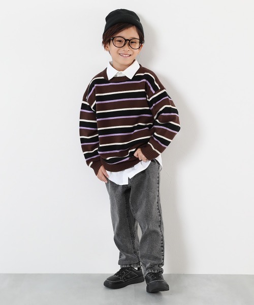 devirock(デビロック)の「洗える チクチクしない素肌ニット マルチボーダープルオーバー(ニット/セーター・キッズ・オフホワイト/ブルー系5/ダークブラウン・100cm/110cm/120cm/130cm/140cm/150cm/160cm)」の5枚目の写真