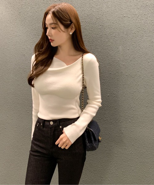 L'AUBE BLANC プリーツカシュクールニットトップス L'AUBE BLANC