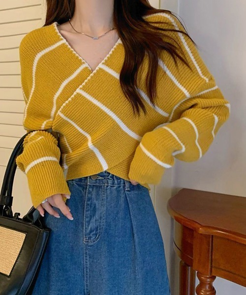Miniministore(ミニミニストア)の「クロスニットトップス カシュクール風(ニット/セーター・レディース・ブラック/イエロー/グリーン/ホワイト・FREE)」の4枚目の写真