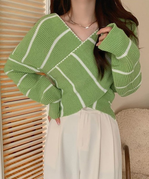Miniministore(ミニミニストア)の「クロスニットトップス カシュクール風(ニット/セーター・レディース・ブラック/イエロー/グリーン/ホワイト・FREE)」の3枚目の写真