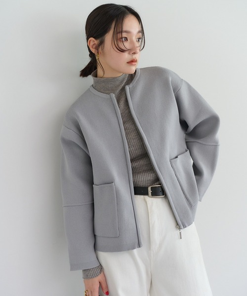 フロントジップ畦編みダンボールニットカーディガン（カーディガン