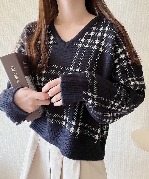 セール】Vネックチェックニット（ニット/セーター）｜Nana(ナナ)（ナナ