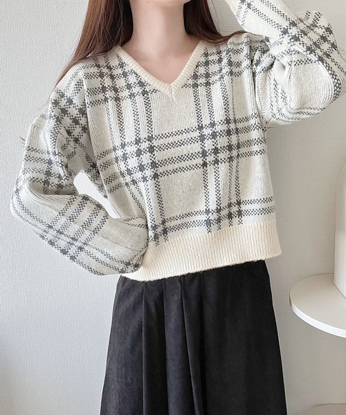 セール】Vネックチェックニット（ニット/セーター）｜Nana(ナナ)（ナナ