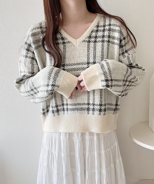 セール】Vネックチェックニット（ニット/セーター）｜Nana(ナナ)（ナナ