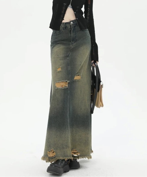 SHEENA(シーナ)の「ダメージ加工ヴィンテージデニムスカート(デニムスカート・レディース・ダークブルー・S/M/L)」の1枚目の写真