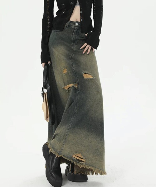 SHEENA(シーナ)の「ダメージ加工ヴィンテージデニムスカート(デニムスカート・レディース・ダークブルー・S/M/L)」の4枚目の写真