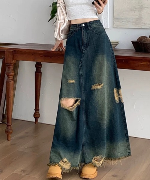 SHEENA(シーナ)の「ダメージ加工ヴィンテージデニムスカート(デニムスカート・レディース・ダークブルー・S/M/L)」の6枚目の写真