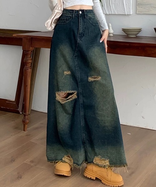 SHEENA(シーナ)の「ダメージ加工ヴィンテージデニムスカート(デニムスカート・レディース・ダークブルー・S/M/L)」の7枚目の写真