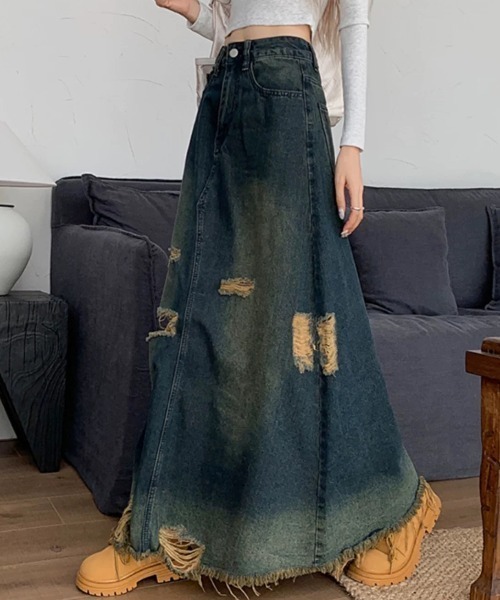SHEENA(シーナ)の「ダメージ加工ヴィンテージデニムスカート(デニムスカート・レディース・ダークブルー・S/M/L)」の8枚目の写真