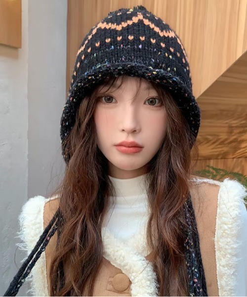 セール】ポンポン付きフードニットキャップ/ニット帽（ニットキャップ