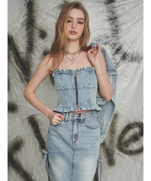 EVRIS（エヴリス）の「デニムフリルビスチェ【セットアップ着用可能】（チューブトップ・レディース・ブルー/ブラック/ライトブルー・FREE）」の12枚目の写真