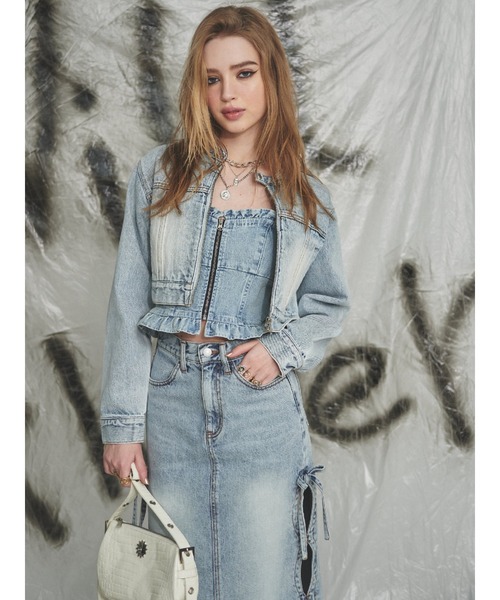 EVRIS（エヴリス）の「デニムフリルビスチェ【セットアップ着用可能】（チューブトップ・レディース・ブルー/ブラック/ライトブルー・FREE）」の11枚目の写真