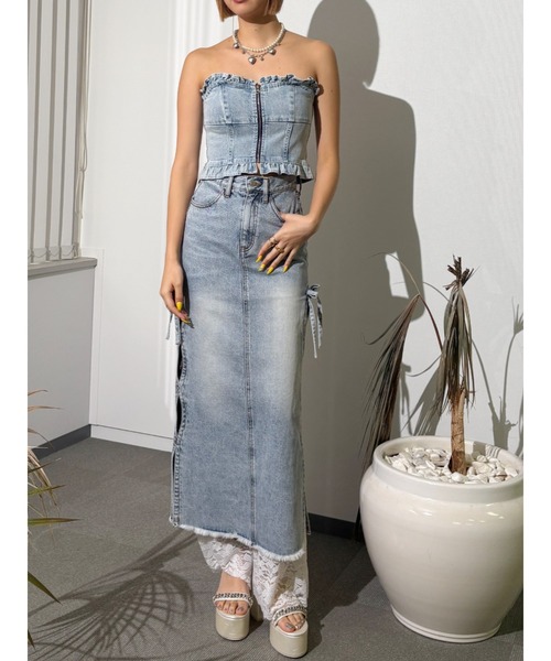 EVRIS（エヴリス）の「デニムフリルビスチェ【セットアップ着用可能】（チューブトップ・レディース・ブルー/ブラック/ライトブルー・FREE）」の21枚目の写真