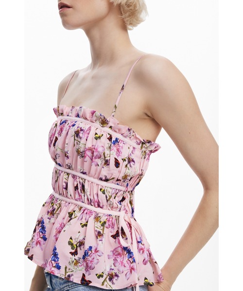 Desigual（デシグアル）の「フラワープリントビスチェトップス ガーリー（シャツ/ブラウス・レディース・レッド・S/M/XL/XS/L）」の6枚目の写真