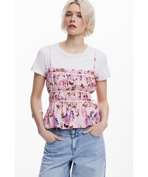 Desigual（デシグアル）の「フラワープリントビスチェトップス ガーリー（シャツ/ブラウス・レディース・レッド・S/M/XL/XS/L）」の3枚目の写真