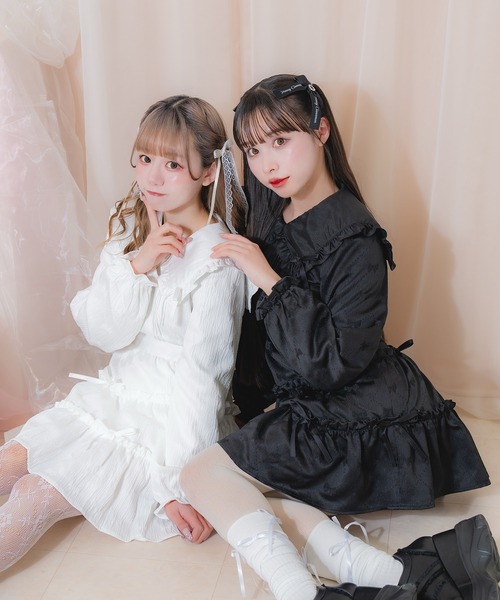 Honey Cinnamon（ハニーシナモン）の「リボンジャガードビッグカラーワンピース（ワンピース・レディース・ブラック/ホワイト・FREE）」の3枚目の写真