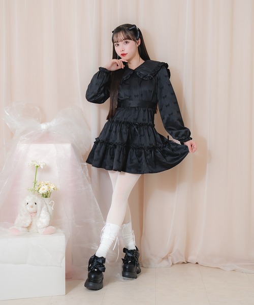 Honey Cinnamon（ハニーシナモン）の「リボンジャガードビッグカラーワンピース（ワンピース・レディース・ブラック/ホワイト・FREE）」の8枚目の写真