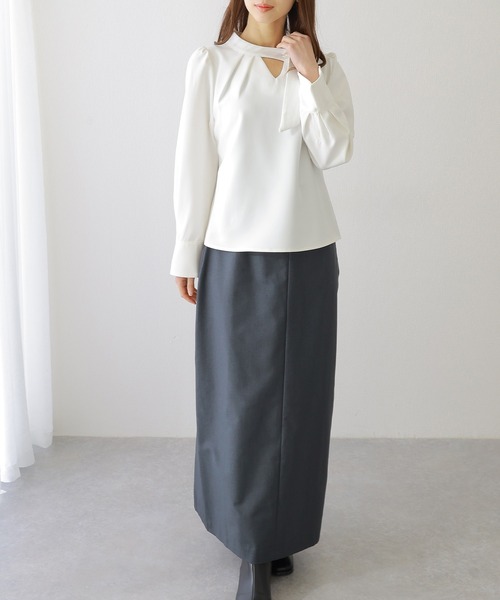 Lace Ladies(レースレディース)の「スタンドカラー パフスリーブ風 タイ付き 長袖 ブラウス(シャツ/ブラウス・レディース・ホワイト/ブラック/ネイビー/グレイッシュベージュ・FREE/S)」の16枚目の写真