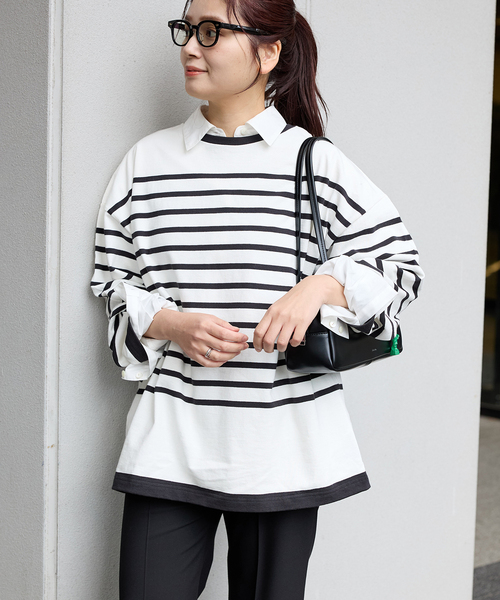 tシャツ 「追加」コットンボーダープルオーバー レディース セール】《追加》コットンボーダープルオーバー（Tシャツ