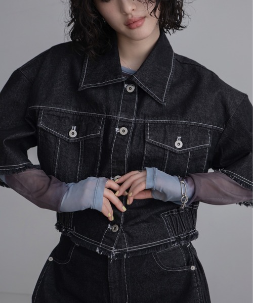 バックオープンフリンジハーフスリーブデニムジャケット