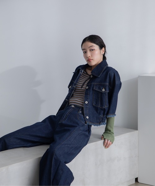 VACANCY（ヴァカンシー）の「バックオープンフリンジハーフスリーブデニムジャケット/セットアップ/SETUP（デニムジャケット・レディース・ブルー/ブラック・FREE）」の3枚目の写真