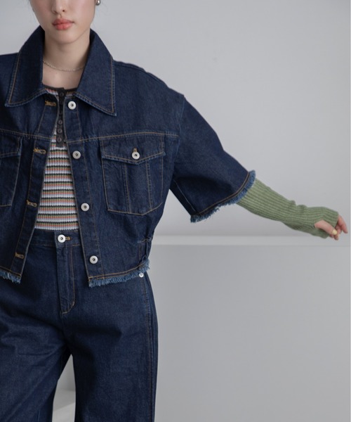 VACANCY（ヴァカンシー）の「バックオープンフリンジハーフスリーブデニムジャケット/セットアップ/SETUP（デニムジャケット・レディース・ブルー/ブラック・FREE）」の8枚目の写真