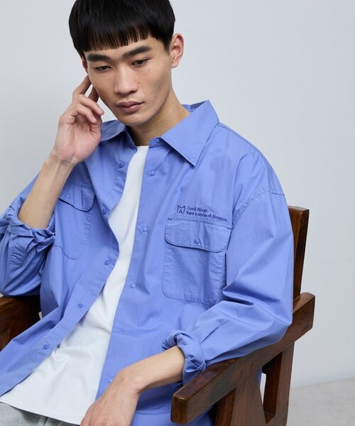 Firsthand(ファーストハンド)の「MA Firsthand/マ ファーストハンド BASIC LOGO刺繍ブロード ダブルポケットワークシャツ(シャツ/ブラウス・メンズ・ホワイト/サックスブルー・MEDIUM/LARGE)」の11枚目の写真