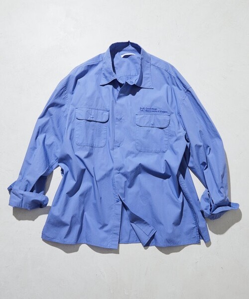 Firsthand(ファーストハンド)の「MA Firsthand/マ ファーストハンド BASIC LOGO刺繍ブロード ダブルポケットワークシャツ(シャツ/ブラウス・メンズ・ホワイト/サックスブルー・MEDIUM/LARGE)」の1枚目の写真