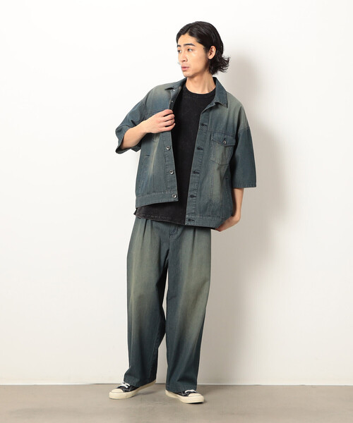 Purple&Yellow(パープルアンドイエロー)の「ライトオンスデニムタックワイドパンツ(デニムパンツ・メンズ・インディゴブルー/ワンウォッシュ・X-SMALL/LARGE/MEDIUM/SMALL)」の4枚目の写真