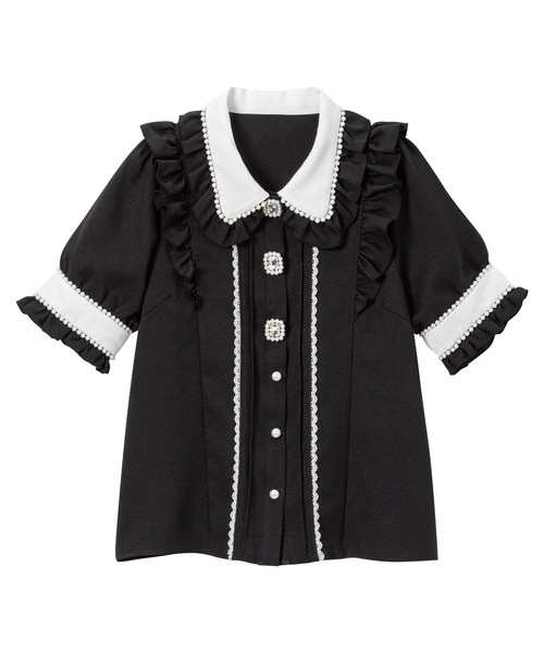 DearMyLove（ディアマイラブ）の「パール襟ビジューフリルブラウス（シャツ/ブラウス・レディース・ホワイト/サックスブルー/ラベンダー/ブラック×ホワイト/ベビーピンク・MEDIUM/LARGE/LL/3L）」の3枚目の写真