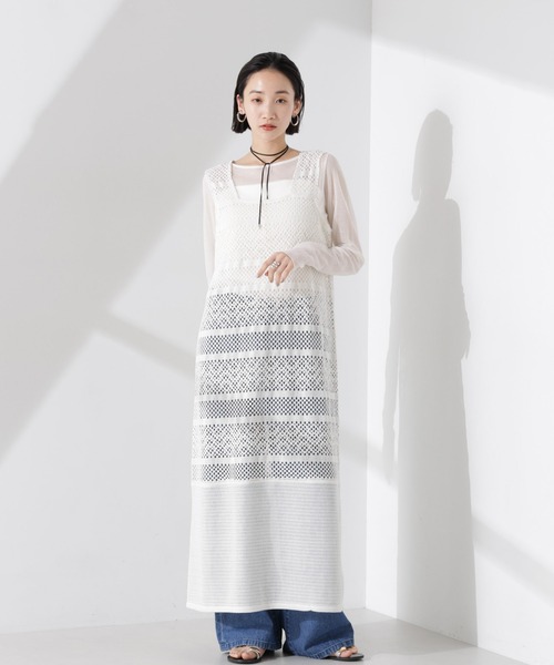 NANO universe(ナノユニバース)の「クロシェニット風レースノースリーブワンピース(ワンピース・レディース・ブラック/ブラウン系その他4/アイボリー・FREE)」の5枚目の写真