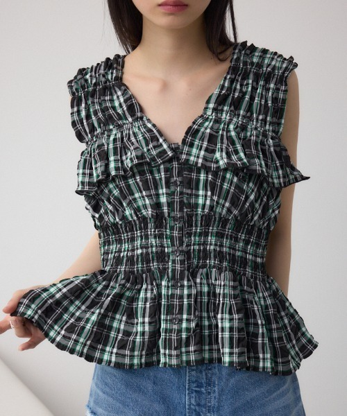 AZUL by moussy(アズールバイマウジー)の「チェックシャーリングペプラムブラウス(シャツ/ブラウス・レディース・ブラック系その他/ホワイト系その他・FREE)」の2枚目の写真