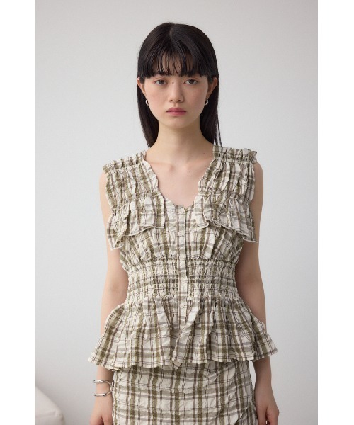 AZUL by moussy(アズールバイマウジー)の「チェックシャーリングペプラムブラウス(シャツ/ブラウス・レディース・ブラック系その他/ホワイト系その他・FREE)」の6枚目の写真