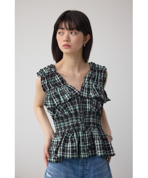AZUL by moussy(アズールバイマウジー)の「チェックシャーリングペプラムブラウス(シャツ/ブラウス・レディース・ブラック系その他/ホワイト系その他・FREE)」の14枚目の写真