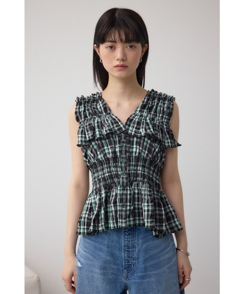 AZUL by moussy(アズールバイマウジー)の「チェックシャーリングペプラムブラウス(シャツ/ブラウス・レディース・ブラック系その他/ホワイト系その他・FREE)」の16枚目の写真