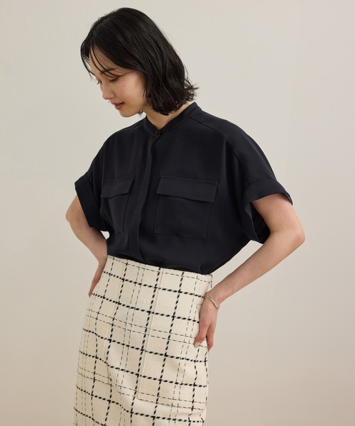 洗える・カセット服】バックサテンフラップブラウス/お仕事・通勤