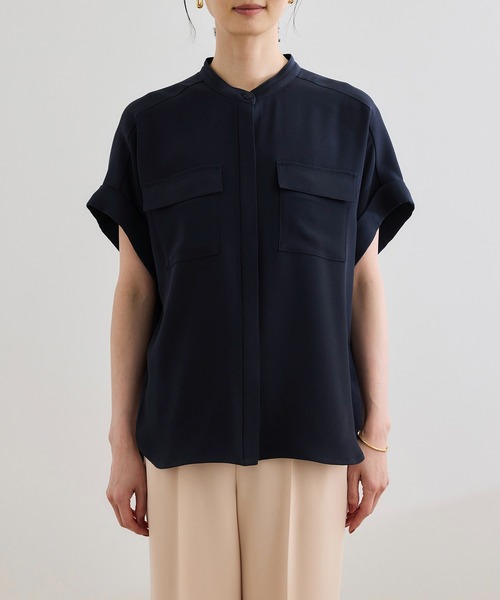洗える・カセット服】バックサテンフラップブラウス/お仕事