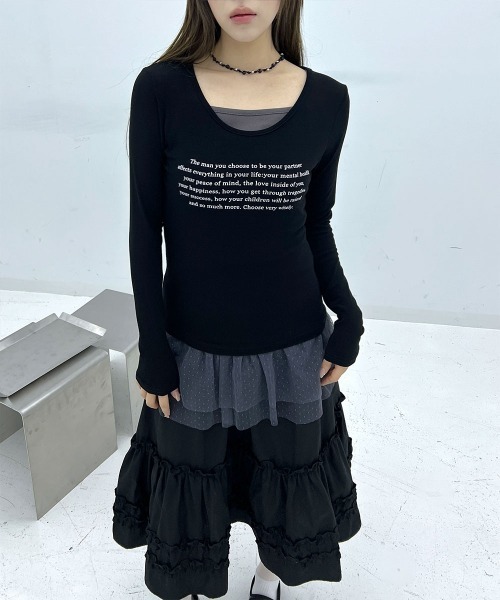 4INT.（フォイント）の「【MDおすすめ / 裏地あり】 ミディ丈 フリル ティアード フレアスカート（スカート・レディース・ホワイト/ブラック・FREE）」の14枚目の写真