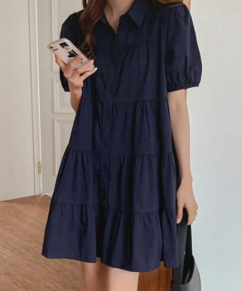 専用購入不可♡vous meme♡ フリル　ロングシャツ　ワンピース　チュニック セール】長袖ボリュームスリーブ襟付き膝丈フレアチュニックミニシャツ