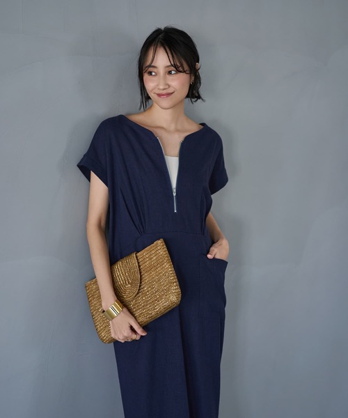 LUXE】ファスナーVネック麻混ワンピース（ワンピース）｜STYLE