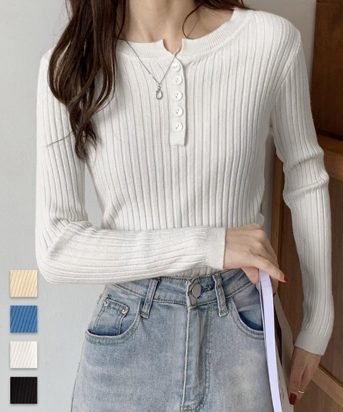 shoppinggo(ショッピングゴー)の「リブニットトップス セーター(Tシャツ/カットソー・レディース・ホワイト/ブラック/ブルー/ベージュ・FREE)」の5枚目の写真