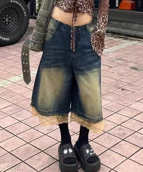 超美品SLY今期25SS完売デニムハーフパンツS セール】THROW RIPPED HALF DENIM PT/BE リップド ハーフ デニム