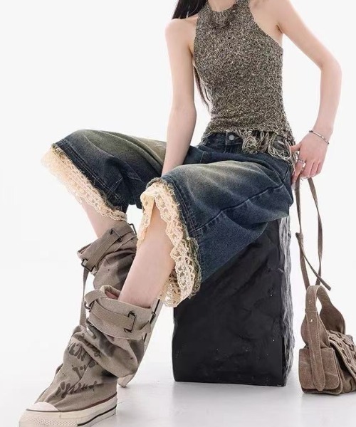 ブルブブ　リボン&パールチェーンデニムパンツSサイズ CALNAMUR（カルナムール）の「SIDE RIBBON×LACE DENIM PT/サイド
