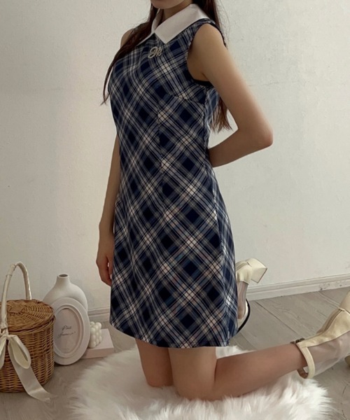 チェック柄ノースリーブミニワンピース 38 セール】チェック柄ノースリーブミニワンピース（ワンピース